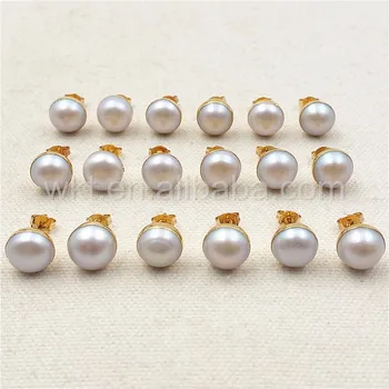 WT-E304 Hot predaj 10 MM Prírodné sladkovodné perly gombíky, náušnice, 24k odolať tarnishable skutočnou perlou klincami zlatá farba náušnice