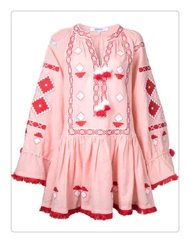 2018 boho šaty Vyšívané Ružové Šaty O-krku elegantné voľné šaty klasické etnických strapce šaty festival šaty, šaty vestidos