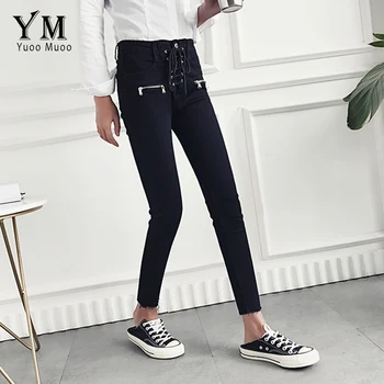 YuooMuoo Nové Módne Zipsy Dizajn Džínsy pre Ženy, Chudý, Vysoký Pás Džínsy Feminino Predné Šnúrkou Čierne Nohavice Ženy Nohavice