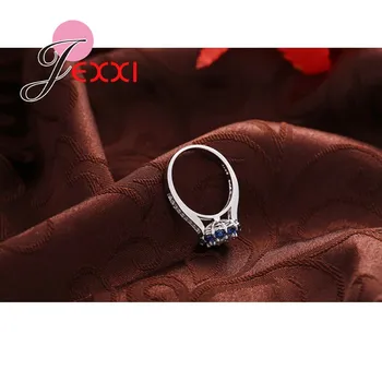 JEXXI Klasické Kola Kvet Blue Crystal Drahokamu Ženy Snubné Prstene Módne Šperky 925 Pečiatka Striebro Lady Party Príslušenstvo