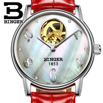 Švajčiarsko Binger dámske hodinky módne luxusné clockleather popruh automatické navíjanie Tourbillon mechanické náramkové hodinky B553-2