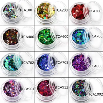 TCT-018 Laserové Farebné (Holografické ) 12 druhov farieb a 12 druhov tvar, Lesk pre nail art gel,make-up a DIY dekorácie