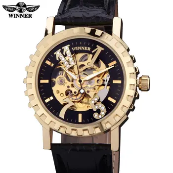 2016 hodinky mužov luxusné značky víťaz vojenské športové kostra automatické mechanické náramkové hodinky kožený remienok relogio masculino