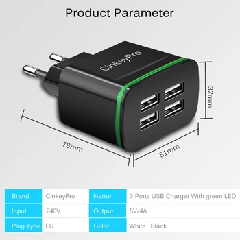 CinkeyPro USB Nabíjačka Zelené LED Svetlo pre iPhone, iPad, Samsung Android 5V 4A 4-Porty Mobilný Telefón, Univerzálny Stenu Rýchle Nabitie