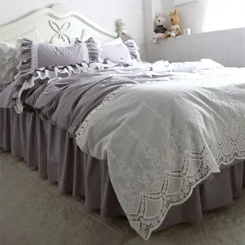 Sivá luxusná posteľná bielizeň nastaviť Výšivky, čipky perinu saténová bavlna posteľná bielizeň krásny prehoz cez posteľ posteľ list princezná posteľ kryt sukne