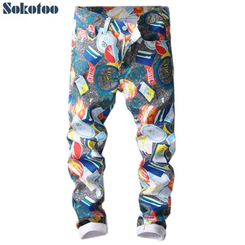 Sokotoo Mužov farebný vzor 3D vytlačené Módne džínsy slim chudá geometrické maľované džínsové nohavice