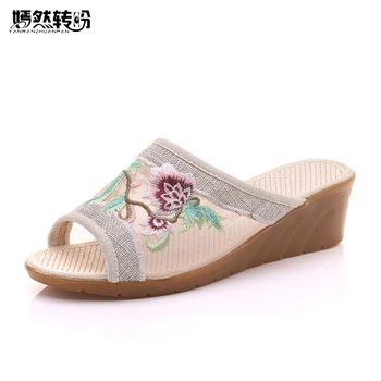 Ženy Papuče Letné Kvetina Čínsky Vyšívané Gázy Papuče Mäkké Pohodlné Členkové Topánky Žena Bielizeň Sandále