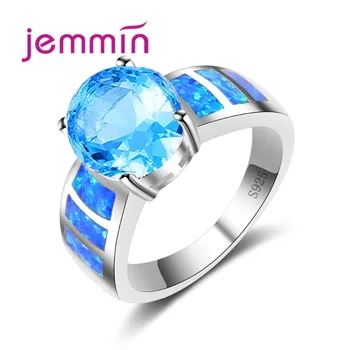Jemmin Jednoduché Krúžok Okrúhle Ružové CZ Modrý Kameň Vytvorený Fire Opal Prstene pre Ženy Trendy 925 Sterling Silver Band Šperky