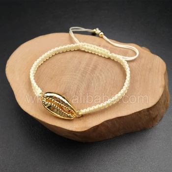 WT-B353 Veľkoobchod Obľúbené šperky conch shell pletená Náramok jednoznačne zlatá farba Cowrie Náramok Tichom šperky pre surfistov darček