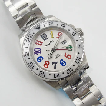 Bliger 40 mm, biely ciferník dátum farebné značky svietiace biele Keramické Rámu GMT Automatický pohyb pánske hodinky
