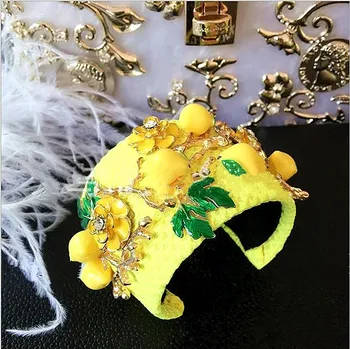 2016 Baroková móda dráhy roztomilý žlté citrón kvet, zelené listy čelenky pre ženy, luxusné retro vlasy príslušenstvo šperky