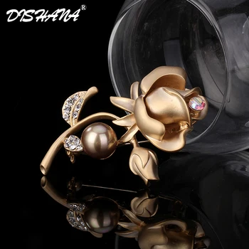 Dishana Trendy Brošňa Pre Ženy Gold-farba Kvetu Crystal Simulované Pearl Brošňa Kolíky Mujer Broches Šperky, Módne Brosche