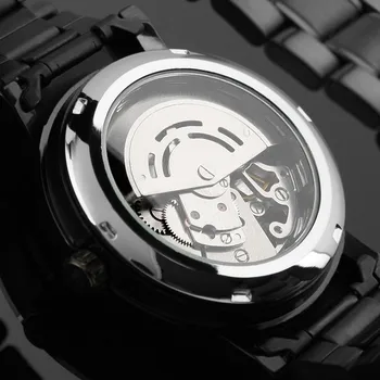 2016 Nové Čierne pánske Kostra Náramkové hodinky z Nerezovej ocele Starožitné Steampunk Bežné Automatické Kostra Mechanické Hodinky Muž