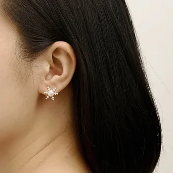 925 silver snehové vločky pearl náušnice mincový striebro anti-alergické ucho šperky žena sladký temperament kórejský módne jednoduché