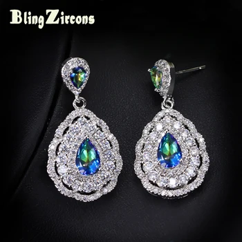 BlingZircons Očarujúce Light Blue Rainbow Mystic Crystal Vyhlásenie Náušnice CZ 925 Sterling Silver Ucho Šperky Pre Dámy E071