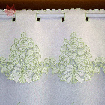 Pastorálna štýl krém biela so zelenými kvetinovými výšivky pol-opona bay okno záves na kávu kuchyňa izba SP3486 Zadarmo lode