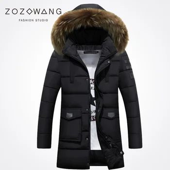 Zozowang nové 2017 pevné kapucňou umelú kožušinu golier módne zimné bundy muži stále teplé vrecko na zips voľné zimné kabát mužov