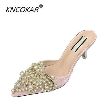 KNCOKAR Hot predaja Novú Značku Letné Topánky Ženy Sladké Elegant Pearl Korálkové Vysoké podpätky Tenké Podpätky Ukázal Prst Ženy Sandále