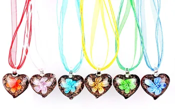 Veľkoobchod 6pcs náhrdelníky ručné Murano Lampwork Sklo Zmiešané Farby Srdce Kvet Vnútri Prívesky Charms Káble Náhrdelníky