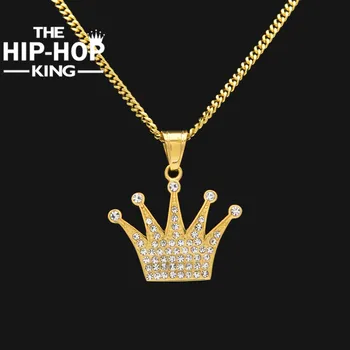 Hip Hop Kráľ Koruny Prívesok Náhrdelník z Nehrdzavejúcej Ocele Zlatá Farba Ľadový Z Drahokamu Kúzlo Náhrdelník S 3 mm 60 cm Kubánskej Reťazca