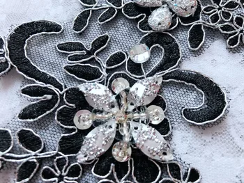Ručné šitie na crystal black škvrny flitrami Kamienkami čipkou trim nášivka 22*10 cm na šaty, sukne