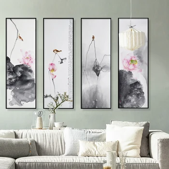 Bez rámu Čínsky Atrament Maliarske Plátno Štýl Art Print Maľovanie Lotus,Vtáky Stáť na Lotus,Dragonfly Lietať nad Lotus