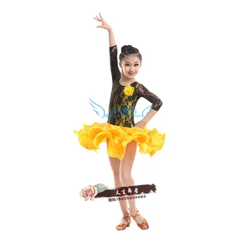 Nový latinský tanec kostým sexy čipka dlhé rukávy dieťa latinské tanečné šaty pre ženy, deti latinskej tanečnej súťaže šaty