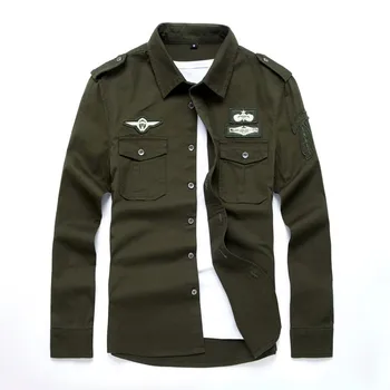 Kvalitné módne mužov dlhý rukáv bavlnené košele vojenské fitness cargo outwear šaty, košele M-6XL AYG75
