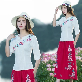 KYQIAO Tradičné Čínske oblečenie M-3XL etnických stojan golier ruža červená modrá biela výšivka, blúzky, košele on-line Čínsky obchod