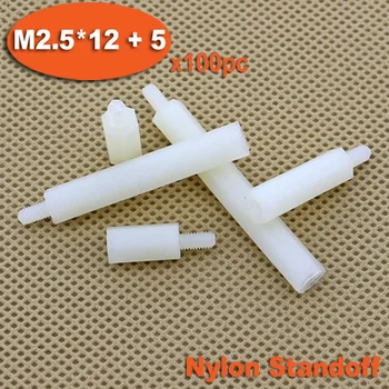 100ks Mužov a Žien Závit M2.5 x 12 mm + 5 mm Biele Plastové Nylon Hexagon Hex Prázdnemu Dištančné Stĺpiky