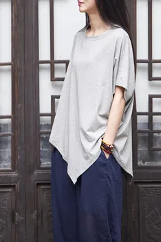 Novosti návrhu O-krku Bavlna Ženy tričko Plus veľkosť Letné Voľné Bežné T-shirt Pevné Asymetrický Pôvodné Tee Tričko Topy B150