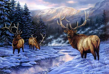 Doprava zadarmo realistický zvierat jeleň snehu horské scenérie olejomaľba na plátne vytlačí tlačené na plátno na stenu umeleckou výzdobou obrázok