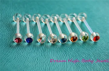 Crystal Gem Telo Šperky AKRYL Piercing Krúžok Bar Jazyk Bioflex 14G 16 Zmiešané Farby Transparentná Populárne Piercing Flexibilné