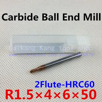 Nový 2 Flauta, Vedúci: 3 mm Volfrámové ocele fréza Karbidu Loptu Konci Mlyny CNC frézovanie Najvyššie rezanie tvrdosť: 60HRC R1.5*4*6*50mm