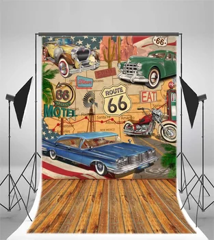 Laeacco US Route 66 Autá Cartoon drevená Podlaha Fotografie Prostredí Vinyl Vlastné Kamery Fotografického Pozadia Pre Photo Studio