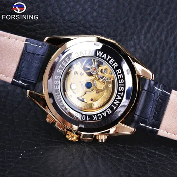 Forsining Zlaté Openwork pánske náramkové hodinky Mechanické Hodinky Vodotesné Šport Steampunk Dizajn, Čierne Originálne Kožené Kapela Hodiny