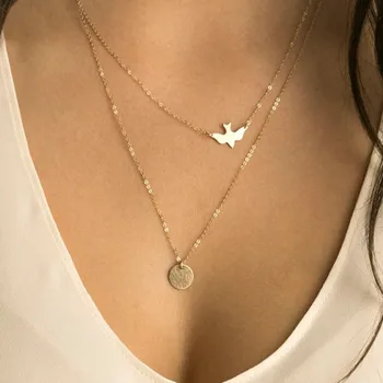 N123 Viacvrstvových Náhrdelníky Pre Ženy Mier Holub Vtákov Collares Minimalistický Šperky Kruhu Elegantná Prívesok Náhrdelník Darček V Roku 2018