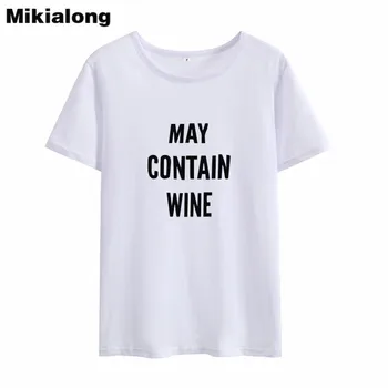 Mikialong Môžu Obsahovať Víno Kawaii Tee Tričko Femme 2018 Krátky Rukáv Voľné Bavlna Ženy Tričko Black White Voľné T-shirt Ženy