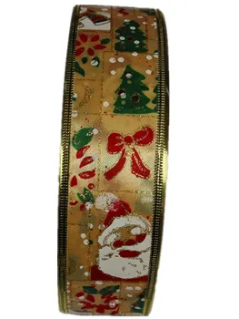 5 CM*200 CM Vianočné Ozdoby Luxusné Zlaté Saténová Stuha Tlač Santa Claus Stuhy Vianočný darček Pletie Drôt Obrúbená