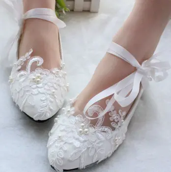 JEMNÉ RUČNÉ DÁMSKE Svadobné svadobné topánky stuhy biele svetlo slonoviny čipky bridesmaid, nevesty svadobné topánky