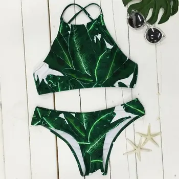 Vysoká Krku Zelená Farba Tlače Bikiny Čalúnená Sexy Ženy Bikini Set Retro Plavky Nový Príchod Dámy Brazílsky Biquinis