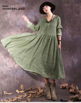 Nové 2018 jar jeseň bavlnená posteľná bielizeň veľké spodnej vintage šaty Žien tvaru dlhé rukávy voľné oblečenie pre voľný čas klasické oblečenie
