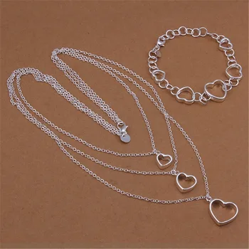 Nové vysoko kvalitné strieborné pozlátené šperky nastaviť módne triple reťazca visí romantický duté srdce klasický náhrdelník náramky S425