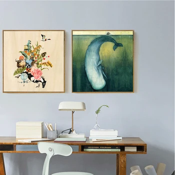 HAOCHU Impresionistického Kvet, Zviera Zmes Deep Sea Blue Baby veľrýb Plátno Maliarske Umenie Výtlačkov a Obrázok Pre Obývacia Izba