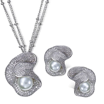 Ženy, svadobné Šperky Sady medi materiál s CZ kameň & Imitácia perly 2 ks súpravy ( náhrdelník + náušnice ) Zadarmo zásielky