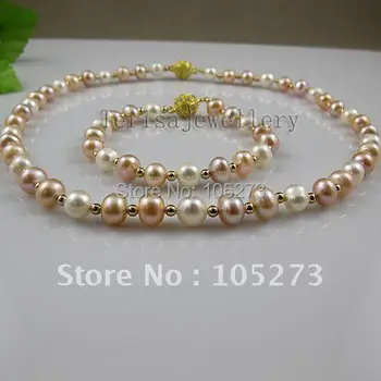 Úžasné!pearl šperky set AA 8-9MM Biela, ružová, fialová farba Pravých Sladkovodných perál ženy šperky doprava Zadarmo 1set A2583