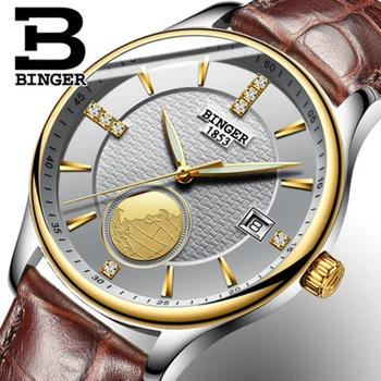 Originálne Luxusné BINGER mužov nepremokavé z nerezovej ocele, kožený remienok automatické mechanické Luxusné hodinky ciferník 18K zlata kalendár