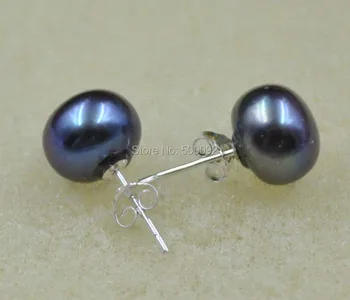 Jemné skutočné 10 mm tlačidlo umelé black pearl náušnice strieborné gombíky