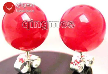 Qingmos Trendy Červené Jades Náušnice pre Ženy s 10 mm Kolo Prírodné Jades Mincový Striebro S925 Stud Náušnice-ear130