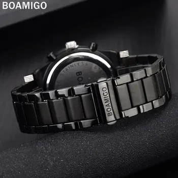 Muži Športové Hodinky BOAMIGO Mužov Oceľové Hodinky Čierny Náramok LED Digitálne náramkové hodinky Analógové Quartz Hodinky darček hodiny Reloj Hombre